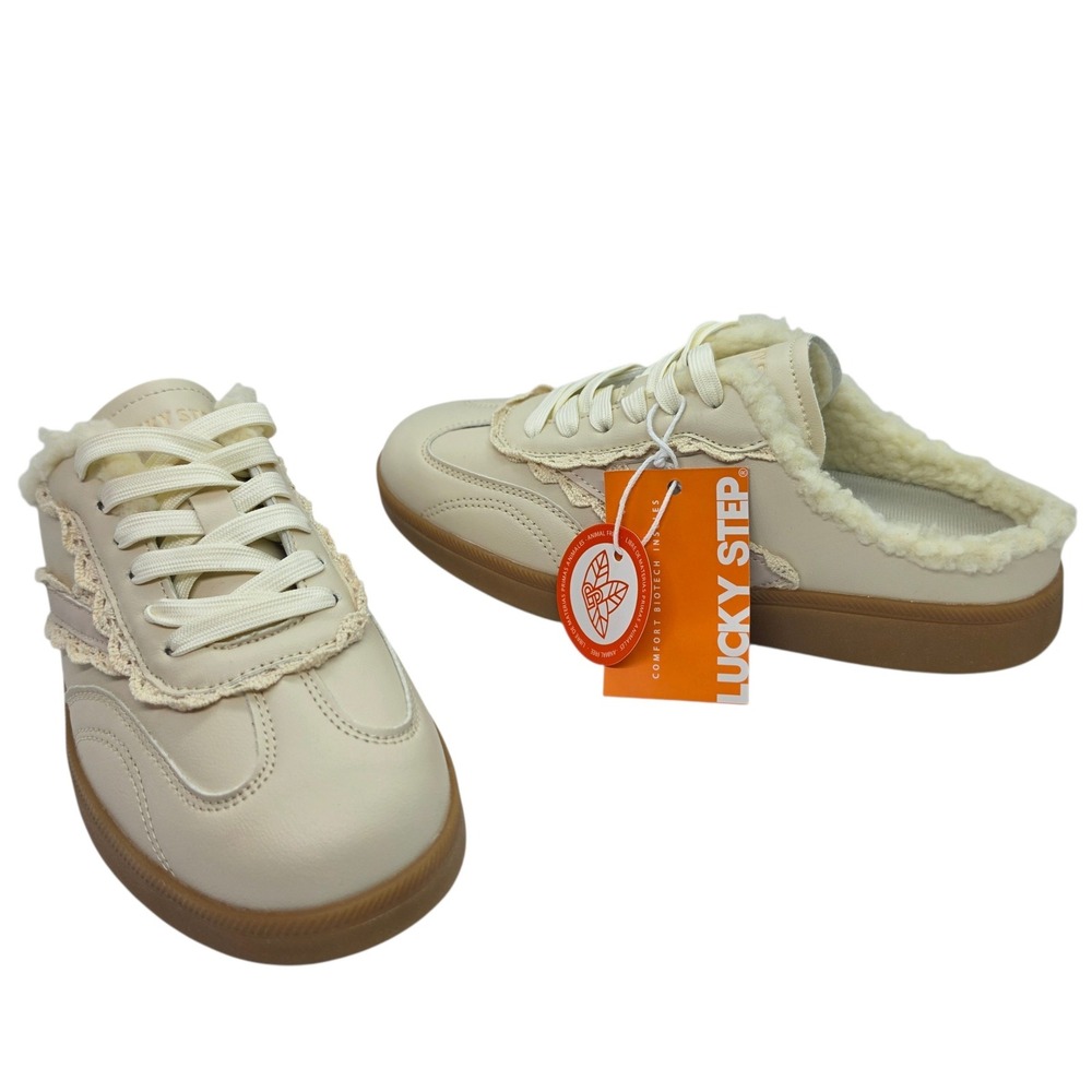 NWT Lucky Step Womens Lace Trim Faux Shearling Mule Sneakers Cream AMZ25199 8.5